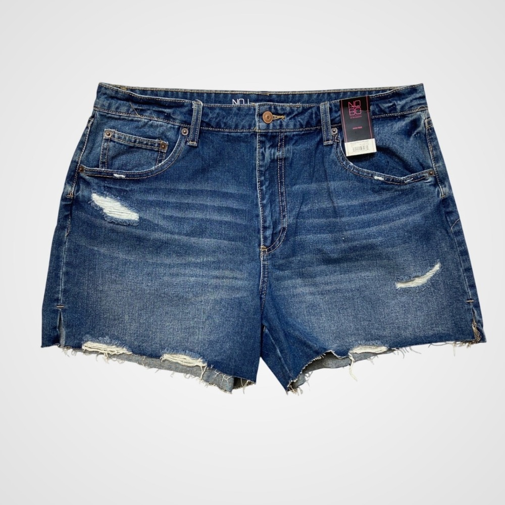 No Boundaries Womens High Rise Destructed Midi Denim Shorts Dark Wash SZ 15 NEW